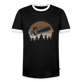 Retro Wood Chainsaw Forest Chainsaw Lumberjack - Men's Ringer Shirt - black/white - Front - AI Model Female 172 light (172cm) & AI Model Male 178 light (178cm)