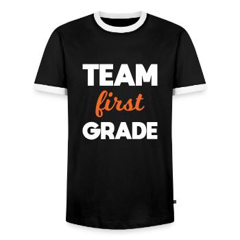 Team 1. Klasse endlich in der 1. Klasse Schule - Männer Kontrast-T-Shirt - Schwarz/Weiß - Vorne - AI Model Female 172 light (172cm) & AI Model Male 178 light (178cm)