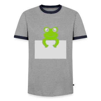 Present text Comic Frog - Men's Ringer Shirt - grey/navy  - Front - AI Model Female 172 light (172cm) & AI Model Male 178 light (178cm)