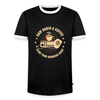 Ham radio & coffee - start your morning right Opera - Men's Ringer Shirt - black/white - Front - AI Model Female 172 light (172cm) & AI Model Male 178 light (178cm)