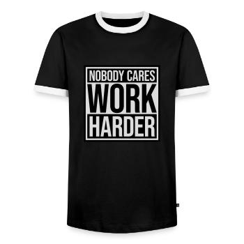 nobody cares work harder - Men's Ringer Shirt - black/white - Front - AI Model Female 172 light (172cm) & AI Model Male 178 light (178cm)