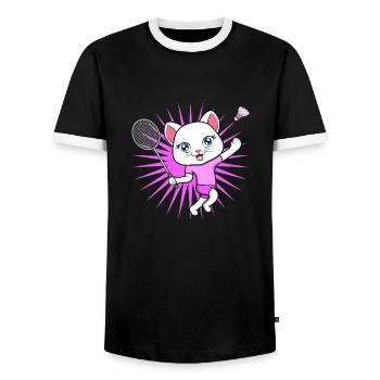 Cute Cat Badminton Player Ironic Hobby Sports - Men's Ringer Shirt - black/white - Front - AI Model Female 172 light (172cm) & AI Model Male 178 light (178cm)