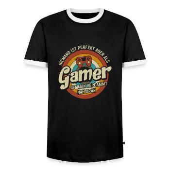 Gamer Niemand ist perfekt aber als Gamer - Männer Kontrast-T-Shirt - Schwarz/Weiß - Vorne - AI Model Female 172 light (172cm) & AI Model Male 178 light (178cm)