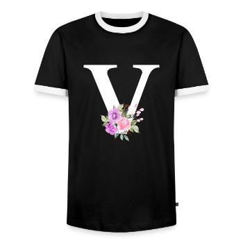 Lila floraler V-Buchstabe - Männer Kontrast-T-Shirt - Schwarz/Weiß - Vorne - AI Model Female 172 light (172cm) & AI Model Male 178 light (178cm)