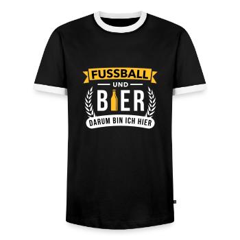 Fussball & Bier darum bin ich hier - Männer Kontrast-T-Shirt - Schwarz/Weiß - Vorne - AI Model Female 172 light (172cm) & AI Model Male 178 light (178cm)