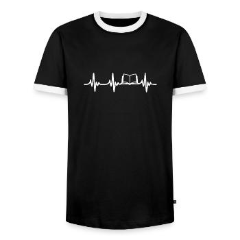 LIEBE BUCH HEMD - Männer Kontrast-T-Shirt - Schwarz/Weiß - Vorne - AI Model Female 172 light (172cm) & AI Model Male 178 light (178cm)