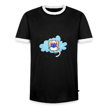 Cat Reading Book - Men's Ringer Shirt - black/white - Front - AI Model Female 172 light (172cm) & AI Model Male 178 light (178cm)