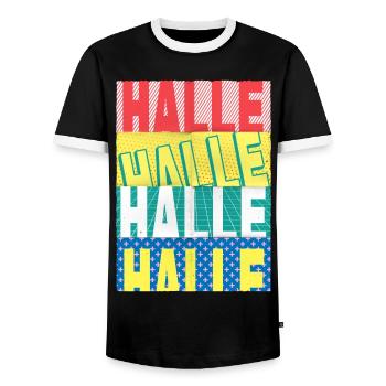 Halle Germany City Font Skyline Home - Men's Ringer Shirt - black/white - Front - AI Model Female 172 light (172cm) & AI Model Male 178 light (178cm)