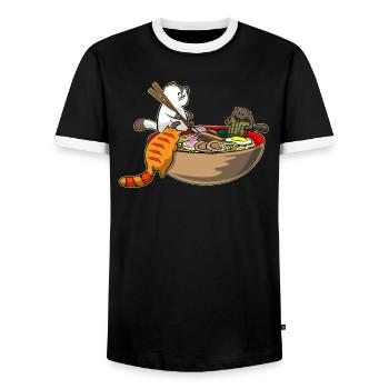 Funny Kawaii Japanese Anime Cats Eating Ramen - Men's Ringer Shirt - black/white - Front - AI Model Female 172 light (172cm) & AI Model Male 178 light (178cm)
