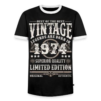 Les légendes sont nées en 1974 - T-shirt contrasté Homme - noir/blanc - Devant - AI Model Female 172 light (172cm) & AI Model Male 178 light (178cm)