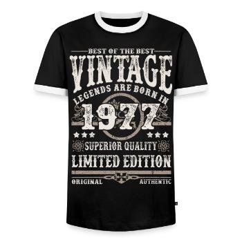 Legenden werden 1977 geboren - Männer Kontrast-T-Shirt - Schwarz/Weiß - Vorne - AI Model Female 172 light (172cm) & AI Model Male 178 light (178cm)