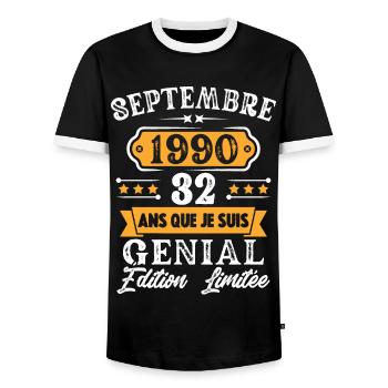 Cadeau D'anniversaire 32 Ans Septembre 1990 Rétro - T-shirt contrasté Homme - noir/blanc - Devant - AI Model Female 172 light (172cm) & AI Model Male 178 light (178cm)