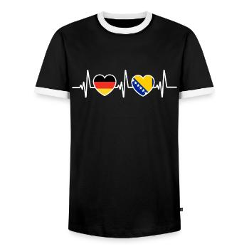 Drapeaux de l’Allemagne et de la Bosnie-Herzégovine - T-shirt contrasté Homme - noir/blanc - Devant - AI Model Female 172 light (172cm) & AI Model Male 178 light (178cm)