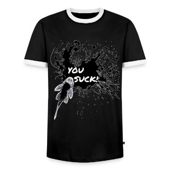 You Suck Pleco Keeper Sucker Fish Design - Men's Ringer Shirt - black/white - Front - AI Model Female 172 light (172cm) & AI Model Male 178 light (178cm)