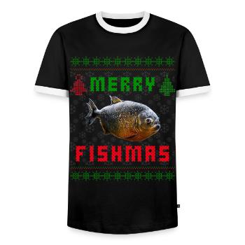 Red Belly Piranha Fish Keeper Ugly Christmas - Men's Ringer Shirt - black/white - Front - AI Model Female 172 light (172cm) & AI Model Male 178 light (178cm)