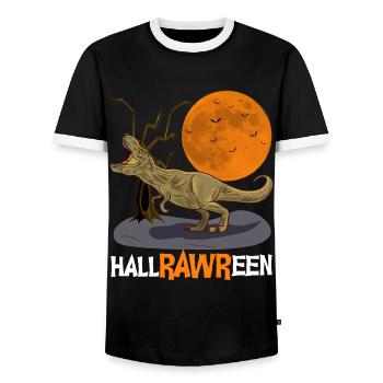 T Rex Halloween Dinosaur Costume - Men's Ringer Shirt - black/white - Front - AI Model Female 172 light (172cm) & AI Model Male 178 light (178cm)