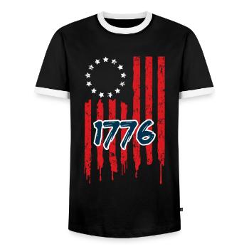 Betsy Ross American Flag Patriotic USA Distressed - Men's Ringer Shirt - black/white - Front - AI Model Female 172 light (172cm) & AI Model Male 178 light (178cm)
