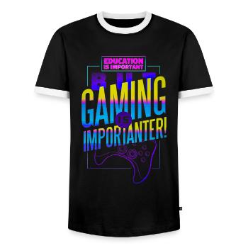 Education Is Important But Gaming Is Importanter - Men's Ringer Shirt - black/white - Front - AI Model Female 172 light (172cm) & AI Model Male 178 light (178cm)