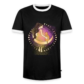 Goddess and her cat - Men's Ringer Shirt - black/white - Front - AI Model Female 172 light (172cm) & AI Model Male 178 light (178cm)