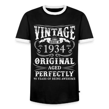 Millésime fabriqué en janvier 1934 90 ans d’existence - T-shirt contrasté Homme - noir/blanc - Devant - AI Model Female 172 light (172cm) & AI Model Male 178 light (178cm)