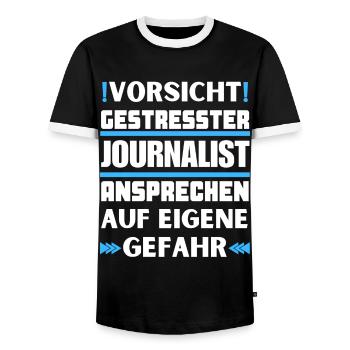 Don't talk to stressed journalists! - Men's Ringer Shirt - black/white - Front - AI Model Female 172 light (172cm) & AI Model Male 178 light (178cm)