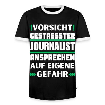Don't talk to stressed journalists! - Men's Ringer Shirt - black/white - Front - AI Model Female 172 light (172cm) & AI Model Male 178 light (178cm)