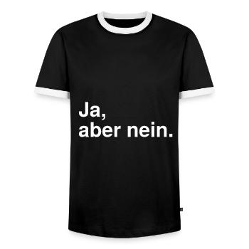 Ja, aber nein. - Männer Kontrast-T-Shirt - Schwarz/Weiß - Vorne - AI Model Female 172 light (172cm) & AI Model Male 178 light (178cm)