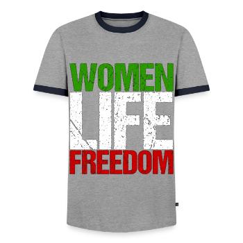 Iran Frauenrechte Feminismus Hijab Geschenk - Männer Kontrast-T-Shirt - Grau/Navy  - Vorne - AI Model Female 172 light (172cm) & AI Model Male 178 light (178cm)