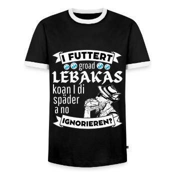 BAYERISCHES LEBERKÄSE T-SHIRT BAYERISCHE SPRÜCHE - Männer Kontrast-T-Shirt - Schwarz/Weiß - Vorne - AI Model Female 172 light (172cm) & AI Model Male 178 light (178cm)