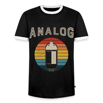Retro Analog Modular Synthesizer Musician - Men's Ringer Shirt - black/white - Front - AI Model Female 172 light (172cm) & AI Model Male 178 light (178cm)