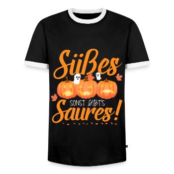 Trick or Treat/ Halloween Kids Motif - Men's Ringer Shirt - black/white - Front - AI Model Female 172 light (172cm) & AI Model Male 178 light (178cm)