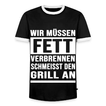 Grillen BBQ Grillmaster grillt "verbrennt Fett" - Männer Kontrast-T-Shirt - Schwarz/Weiß - Vorne - AI Model Female 172 light (172cm) & AI Model Male 178 light (178cm)