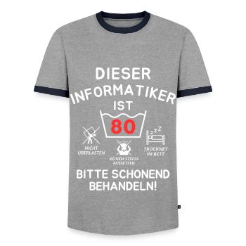 This computer scientist is 80 years old. - Men's Ringer Shirt - grey/navy  - Front - AI Model Female 172 light (172cm) & AI Model Male 178 light (178cm)