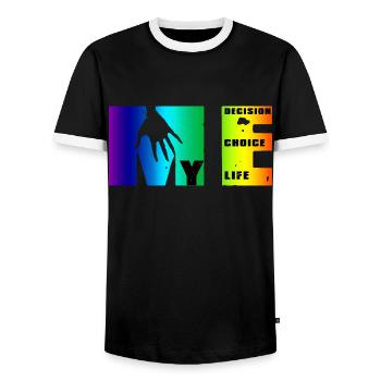 Manifesto of Me: Choice, Decision, Life - Men's Ringer Shirt - black/white - Front - AI Model Female 172 light (172cm) & AI Model Male 178 light (178cm)