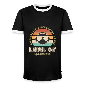 Stufe 47 - Männer Kontrast-T-Shirt - Schwarz/Weiß - Vorne - AI Model Female 172 light (172cm) & AI Model Male 178 light (178cm)