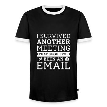 I Survived Another Meeting - Men's Ringer Shirt - black/white - Front - AI Model Female 172 light (172cm) & AI Model Male 178 light (178cm)