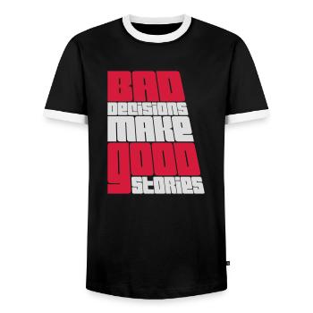 bad decisions great stories - Men's Ringer Shirt - black/white - Front - AI Model Female 172 light (172cm) & AI Model Male 178 light (178cm)