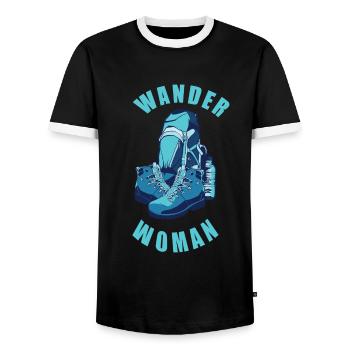 Wanderwoman Woman Hiking Backpack Bagpack Gift - Men's Ringer Shirt - black/white - Front - AI Model Female 172 light (172cm) & AI Model Male 178 light (178cm)