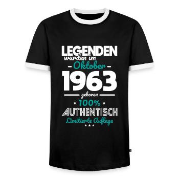 60. Geburtstag - Legenden wurden im Oktober 1963 - Männer Kontrast-T-Shirt - Schwarz/Weiß - Vorne - AI Model Female 172 light (172cm) & AI Model Male 178 light (178cm)