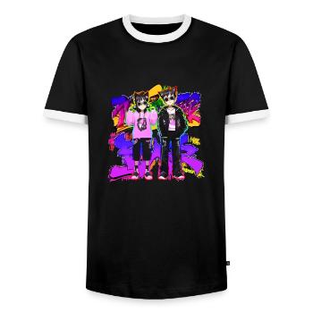 Japanese coolness in style 90's 80's color - Men's Ringer Shirt - black/white - Front - AI Model Female 172 light (172cm) & AI Model Male 178 light (178cm)