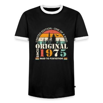 1975: Vintage Legend for the 49th Anniversary - Men's Ringer Shirt - black/white - Front - AI Model Female 172 light (172cm) & AI Model Male 178 light (178cm)