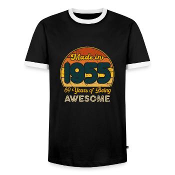 Born in 1955 - Vintage 1955 Birthday Retro - Men's Ringer Shirt - black/white - Front - AI Model Female 172 light (172cm) & AI Model Male 178 light (178cm)