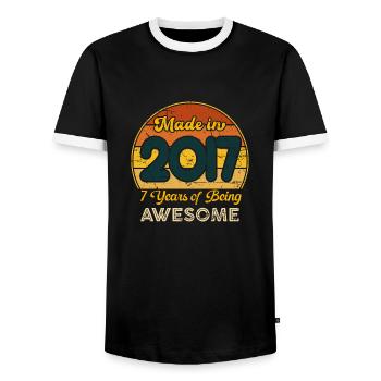 Born in 2023 - Vintage 2023 Retro Birthday - Men's Ringer Shirt - black/white - Front - AI Model Female 172 light (172cm) & AI Model Male 178 light (178cm)