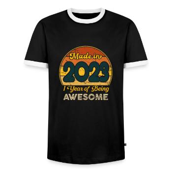 Born in 2023 - Vintage 2023 Retro Birthday - Men's Ringer Shirt - black/white - Front - AI Model Female 172 light (172cm) & AI Model Male 178 light (178cm)