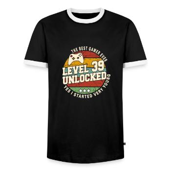 Original 1985 39th Anniversary Retro Gift - Men's Ringer Shirt - black/white - Front - AI Model Female 172 light (172cm) & AI Model Male 178 light (178cm)