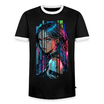 Cyber Frau Urbane Stadt Neon - Männer Kontrast-T-Shirt - Schwarz/Weiß - Vorne - AI Model Female 172 light (172cm) & AI Model Male 178 light (178cm)