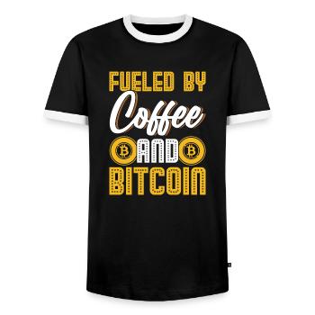 Angetrieben von Kaffee und Bitcoin - Männer Kontrast-T-Shirt - Schwarz/Weiß - Vorne - AI Model Female 172 light (172cm) & AI Model Male 178 light (178cm)