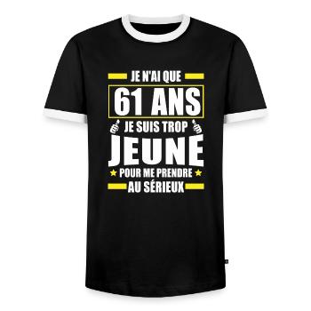 je n ai que 61 ans / humour anniversaire 61 ans - T-shirt contrasté Homme - noir/blanc - Devant - AI Model Female 172 light (172cm) & AI Model Male 178 light (178cm)