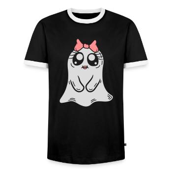 Comic Little Ghost Girl - Men's Ringer Shirt - black/white - Front - AI Model Female 172 light (172cm) & AI Model Male 178 light (178cm)