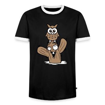 Owl Cactus Desert 2 Friends Happy Team Cartoon - Men's Ringer Shirt - black/white - Front - AI Model Female 172 light (172cm) & AI Model Male 178 light (178cm)